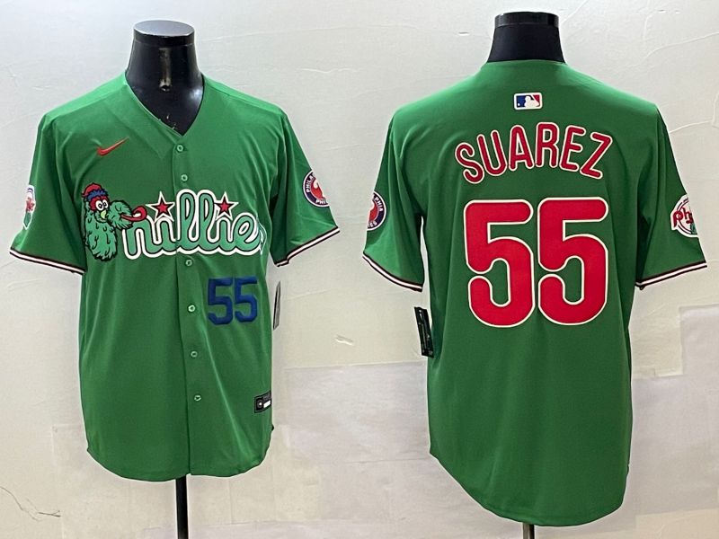 Men Philadelphia Phillies #55 Suarez Green Three generations Joint Name Game 2025 Nike MLB Jersey style 4